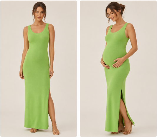 Lime green rib knit dress from maternity to nursing