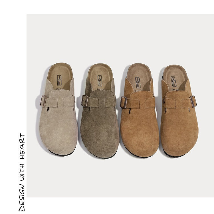 Four clog-style mules in different suede-like colors are arranged side by side on a light gray background. The colors range from light beige to taupe, brown, and tan.