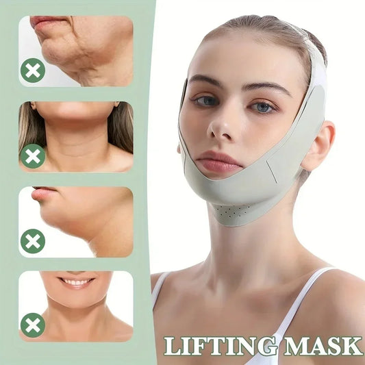 Woman wearing a face lifting mask with before-and-after comparisons on a light green background.