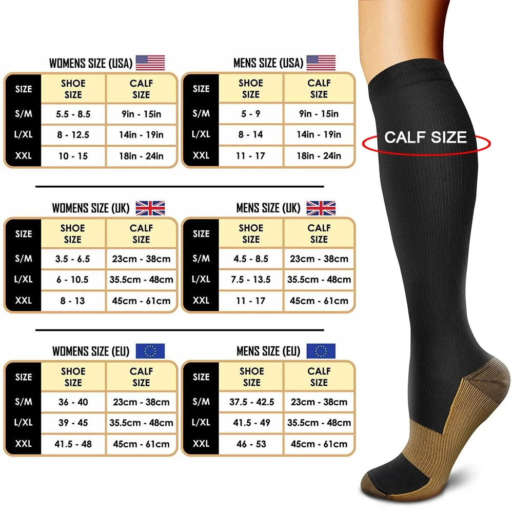 Black knee-high sock with size chart for shoe and calf measurements on a white background
